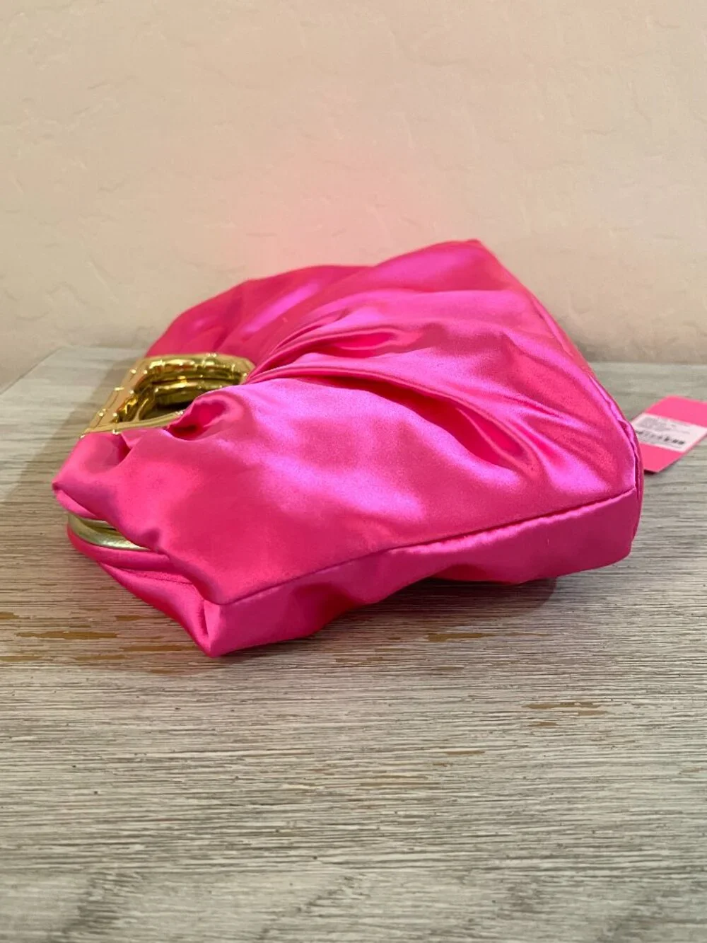 New Lilly Pulitzer Culver Clutch Bag Cerise Pink Satin Gold Metal Bamboo Handle